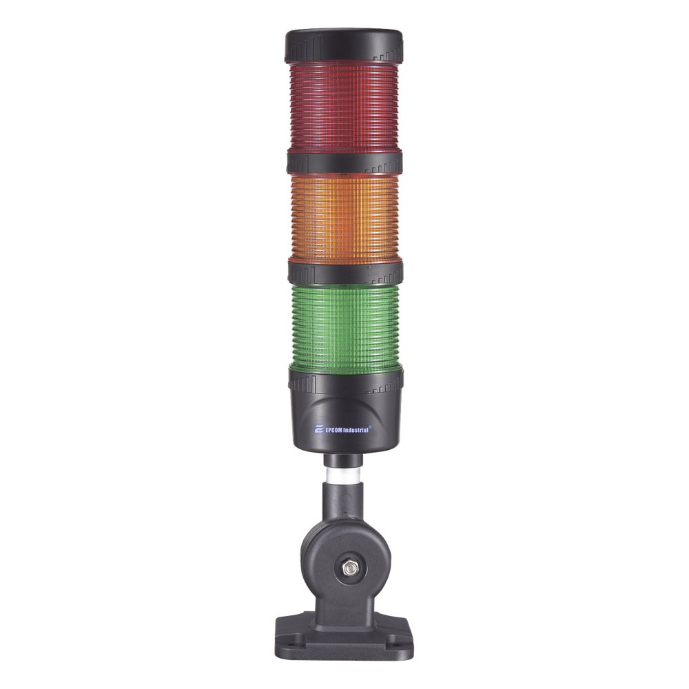 Torre LED Indicadora de estado de 3 niveles color Rojo, Ámbar y Verde, con Buzzer integrado a 85 dB,  a 110-240 VCA con Montaje incluido de 60 mm de diámetro