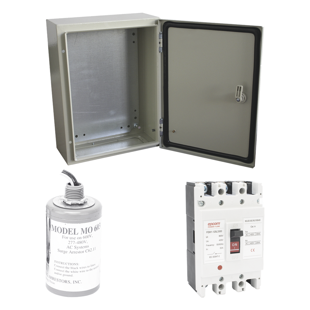 Kit de Centro de Carga Trifasico Para Corriente Alterna, Breaker de hasta 690 Vc de 100 A con Supresor de Descargas Atmosféricas.