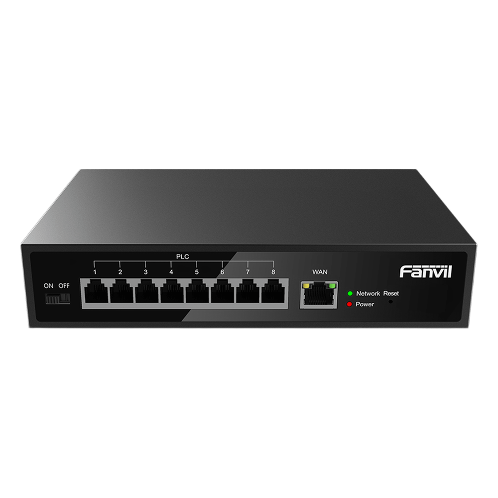 Switch PoE de 2 Hilos 8 Puertos RJ11 / Uso Exclusivo con Fanvil X303-2W / Transmisión hasta 300 m (984.3 ft) / Entrada 100V~240V / Salida Máx 80W / Reutiliza Cableado PSTN y AWG