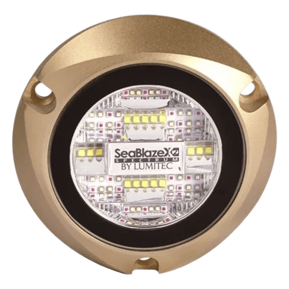 Luz led marina sumergible SeaBlaze X2, emite luz de color blanco y azul de 6000 lúmenes, fabricada en bronce naval con grado de protección IP68.