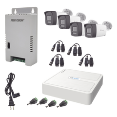 Kit HiLook Audio Bidireccional TurboHD 1080p / DVR Metalico 4 Canales / 4 Cámaras Bala (Exterior) con Bocina y Micrófono Integrado / 1 Fuente de Poder / Accesorios