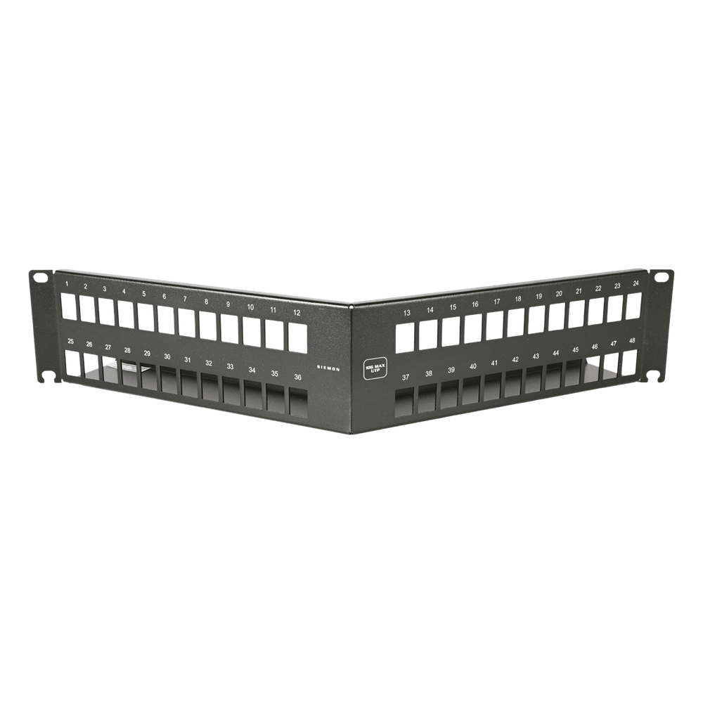 Patch Panel Angulado 10G MAX UTP / 48 Puertos Vacíos / 2U Rack 19" / Compatible Z-MAX® y UltraMAX™ / Color Negro / Administrador de Cable Integrado