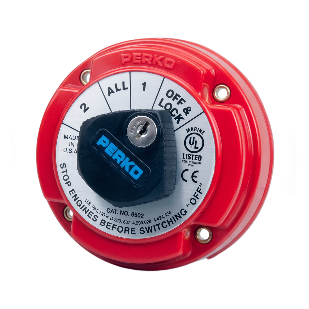 Switch Selector de Batería Marina PERKO 8502 con Llave / 250A Continuos 360A Intermitentes / 6-32 VCC / Selector 1-2-Both-Off / Bloqueo con Llave / Encendido Protegido