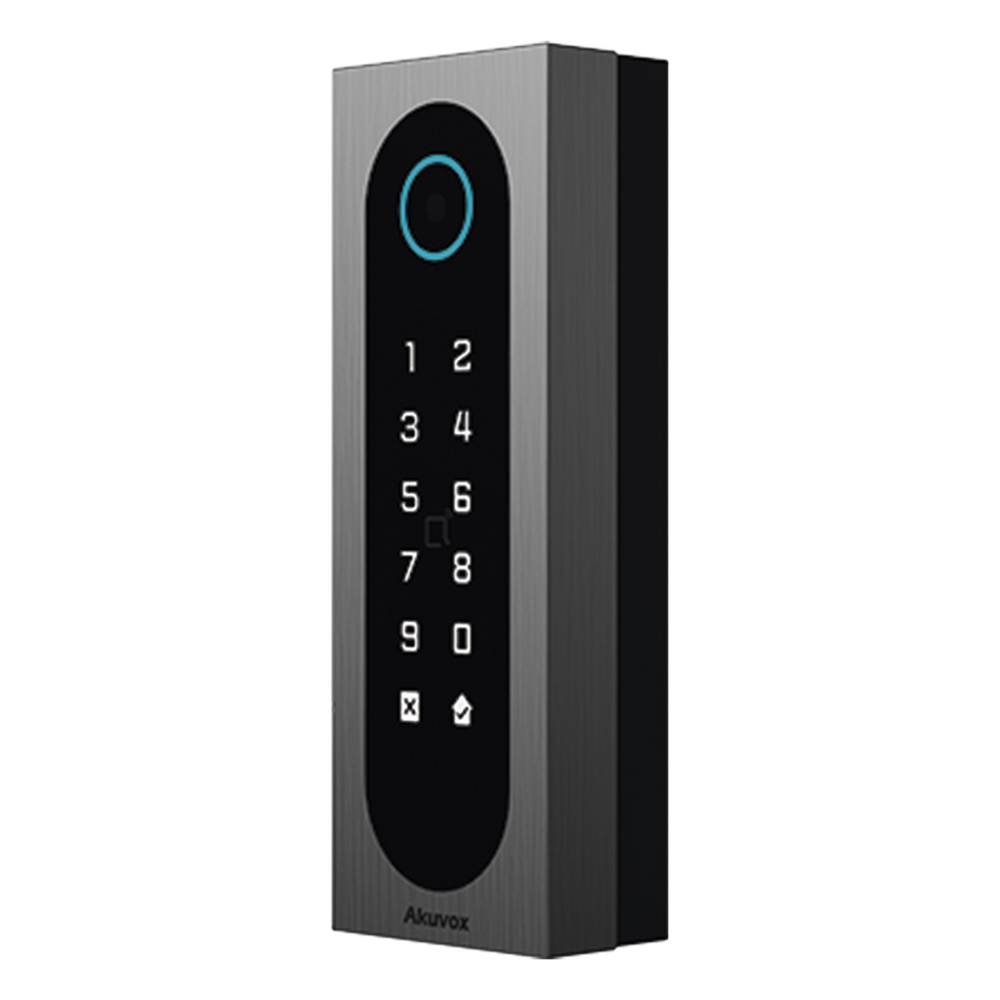 Control de Acceso Slim Akuvox A08S / Aluminio y Vidrio Templado / IP65 & IK09 / Capacidad para 20,000 Tarjetas / Métodos de Acceso Multi (QR, Bluetooth, PIN, RFID) / Soporta Wiegand / 1 Salida de Relay