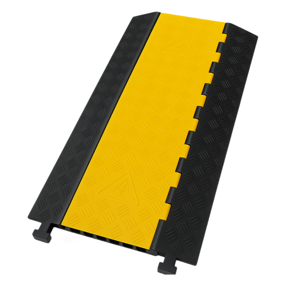 Protector de Cable de 3 Canales / Base de Goma y Tapa de Plástico / Tamaño del Canal 56x55MM / Capacidad de Carga 6.1 Toneladas / Longitud 90 cm / Ancho del Contorno 50 cm / Altura 7.5 cm / Color Amarillo-Negro / Material Hule