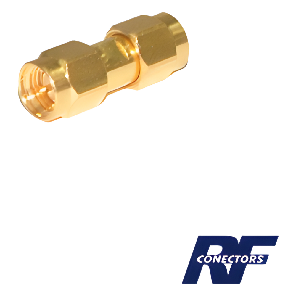 Adaptador Tipo Barril, de Conector SMA Macho a SMA Macho, Oro/ Oro/ Teflón.â€‹