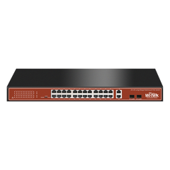 Switch PoE (802.3af/at/bt) / No administrable de largo alcance / Hasta 250m / Con 24 x 10/100Mbps + 2 x SFP Gigabit Combo / 250 W