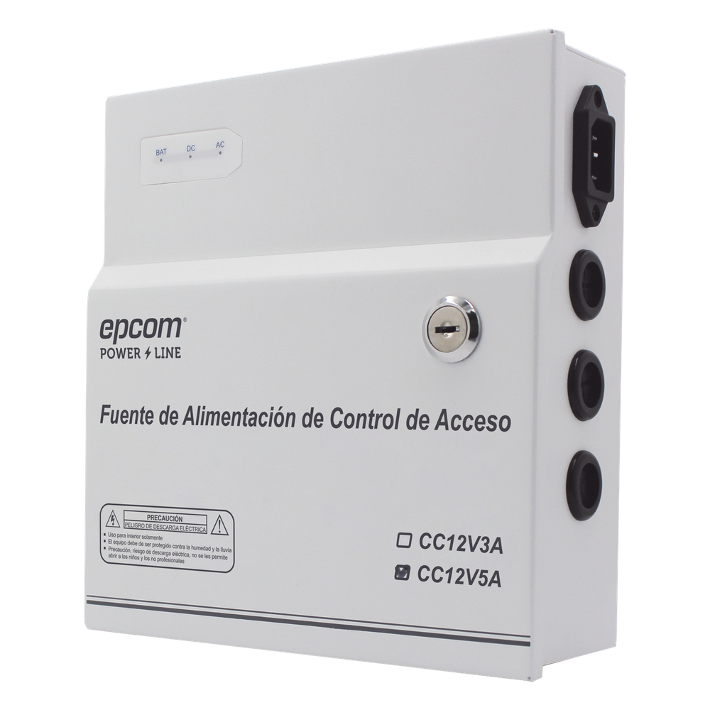 Fuente de Poder / 1 Salida 11-15 Vcc /  5 A / Temporizador Integrado / Con Capacidad de Batería de Respaldo / Requiere Batería / Aplicaciones en sistemas de control de Acceso