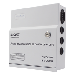 Fuente de Poder / 1 Salida 11-15 Vcc /  5 A / Temporizador Integrado / Con Capacidad de Batería de Respaldo / Requiere Batería / Aplicaciones en sistemas de control de Acceso