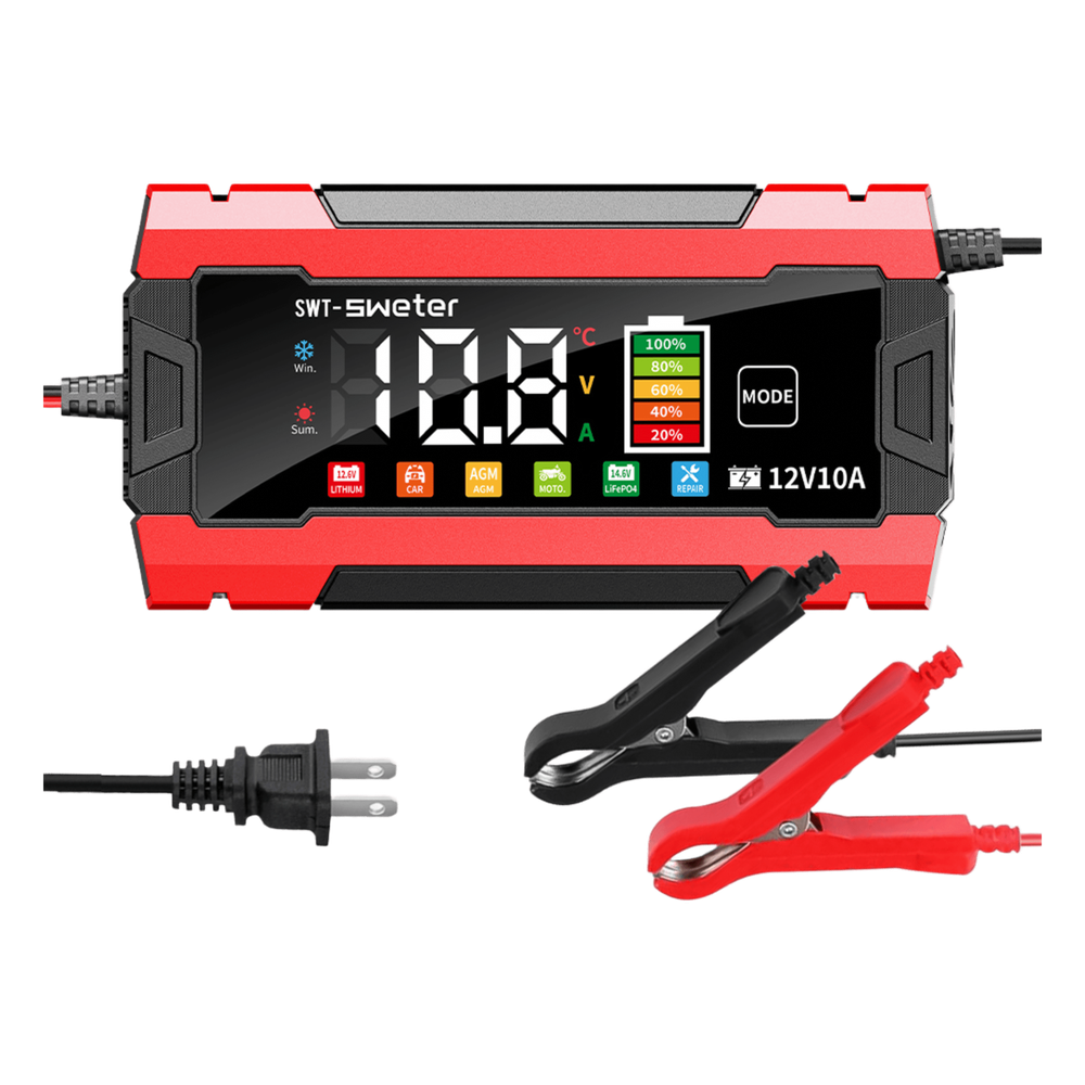 Cargador Inteligente Automático 3 Etapas / 12V 10A / Para Motocicleta, Auto, ATV / Baterías AGM, GEL, SLA, WET, DEEP CYCLE, Litio 12.6V, LiFePO4 14.6V / LCD / Protección Inversa Polaridad