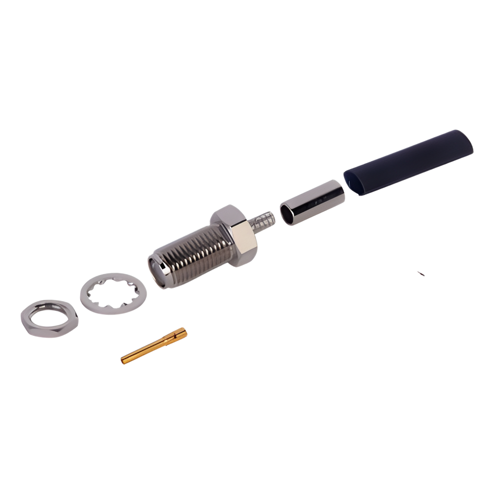 Conector SMA Hembra, Montaje Chasis en D Plano, de anillo plegable para RG-174/U.