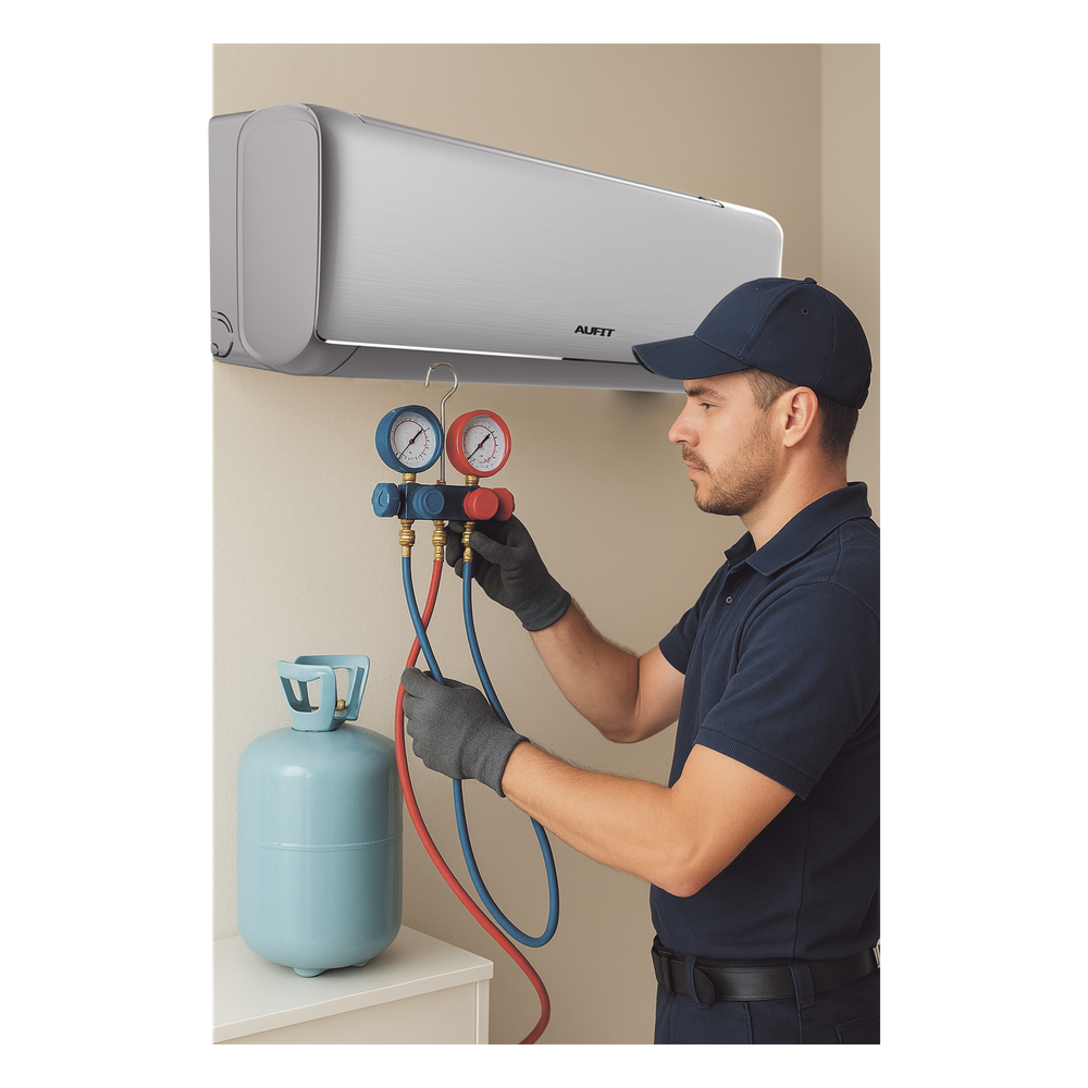 Servicio en Centro de laboratorio SYSCOM / Recarga de gas refrigerante / R32 / Minisplit AUFIT / Capacidad de 2 a 2.5 Toneladas