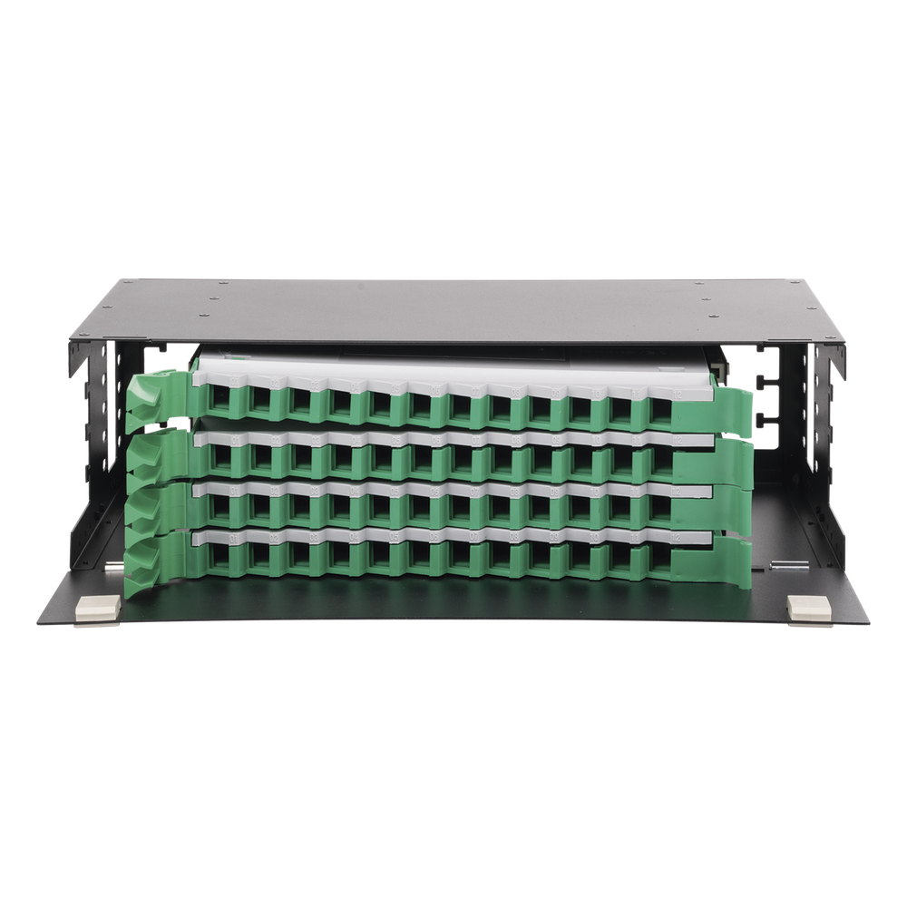 Distribuidor de Fibra Óptica con Bandejas Deslizables, Vacío, 19 Pulgadas (48.26 cm), Acepta 48 Adaptadores LC Duplex o LC Simplex o 48 SC Simplex, 3U