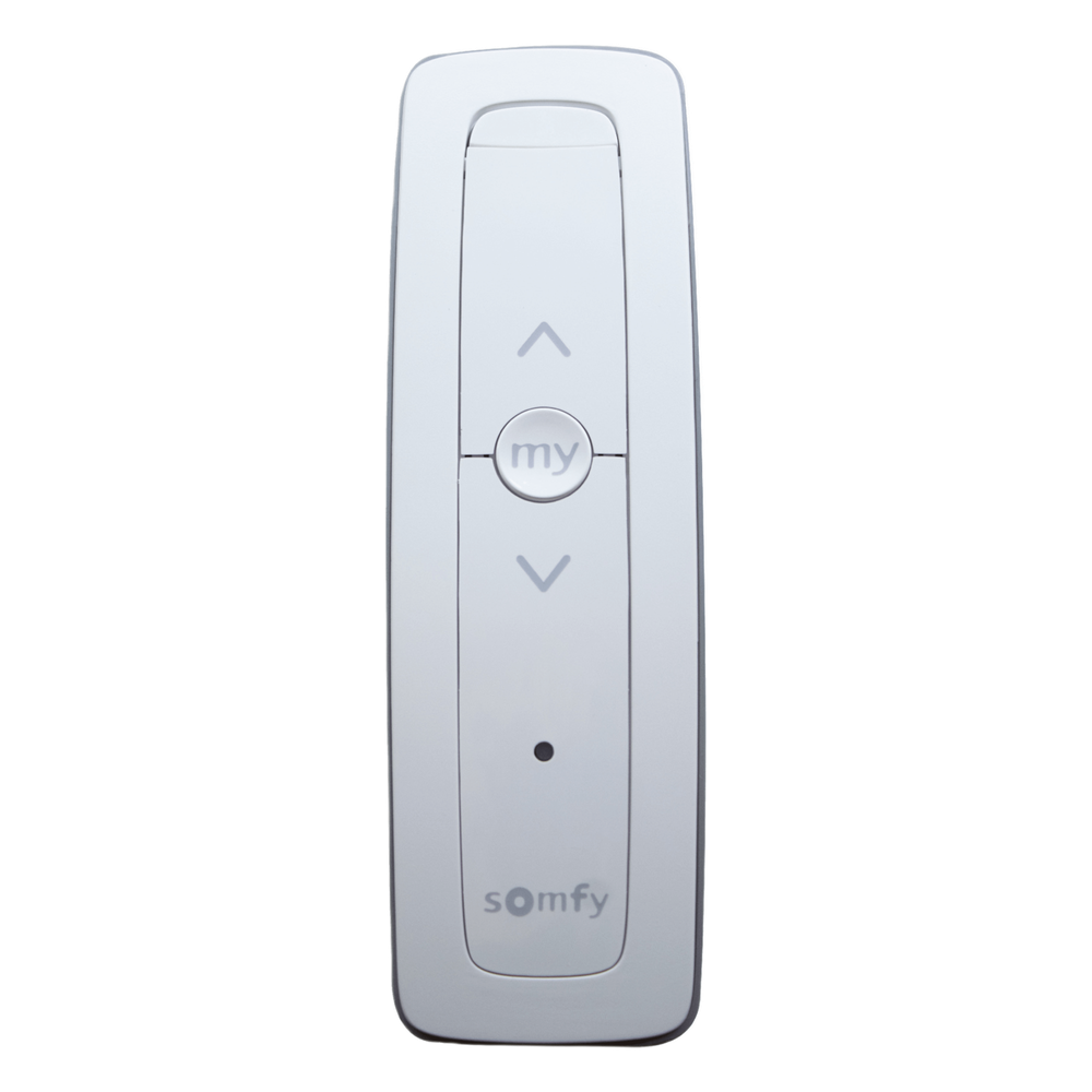 Control remoto 1 canal para motores de persiana Somfy con señal inalámbrica, instrucciones: sube, baja y detener, con posición favorita programada.