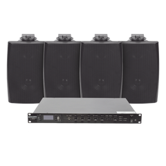 KIT de Amplificador de Audio 120W para Rack | 4 Altavoces de Pared color Negro 2.5W - 20W | Sistema 70/100V