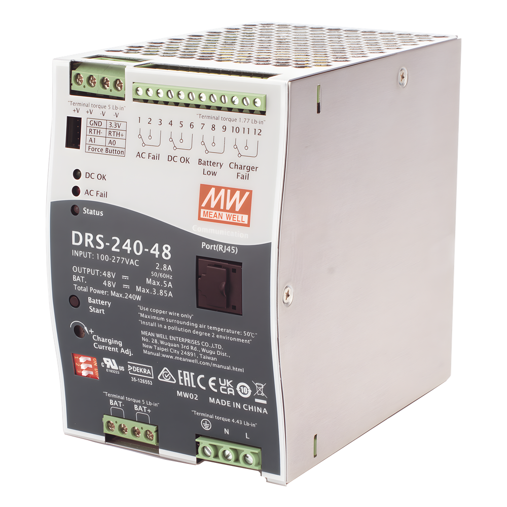 Fuente de Poder Industrial de 240W con Cargador de Baterías, salida 48Vcc, 5A, para montaje Riel Din