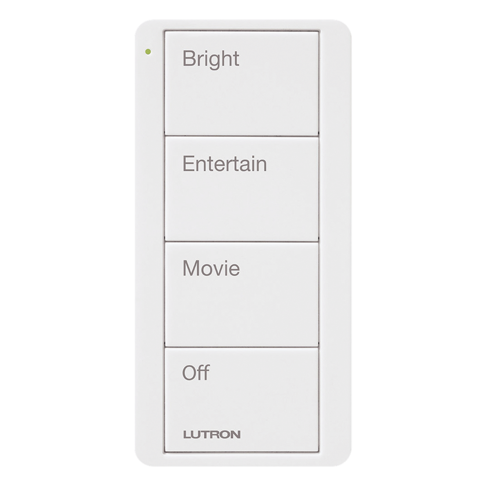 Control Pico inalámbrico de 4 botones con escenas grabadas para sala (Bright, Entertain, Movie y Off), compatible con Caseta Wireless y RA2 Select, blanco brillante