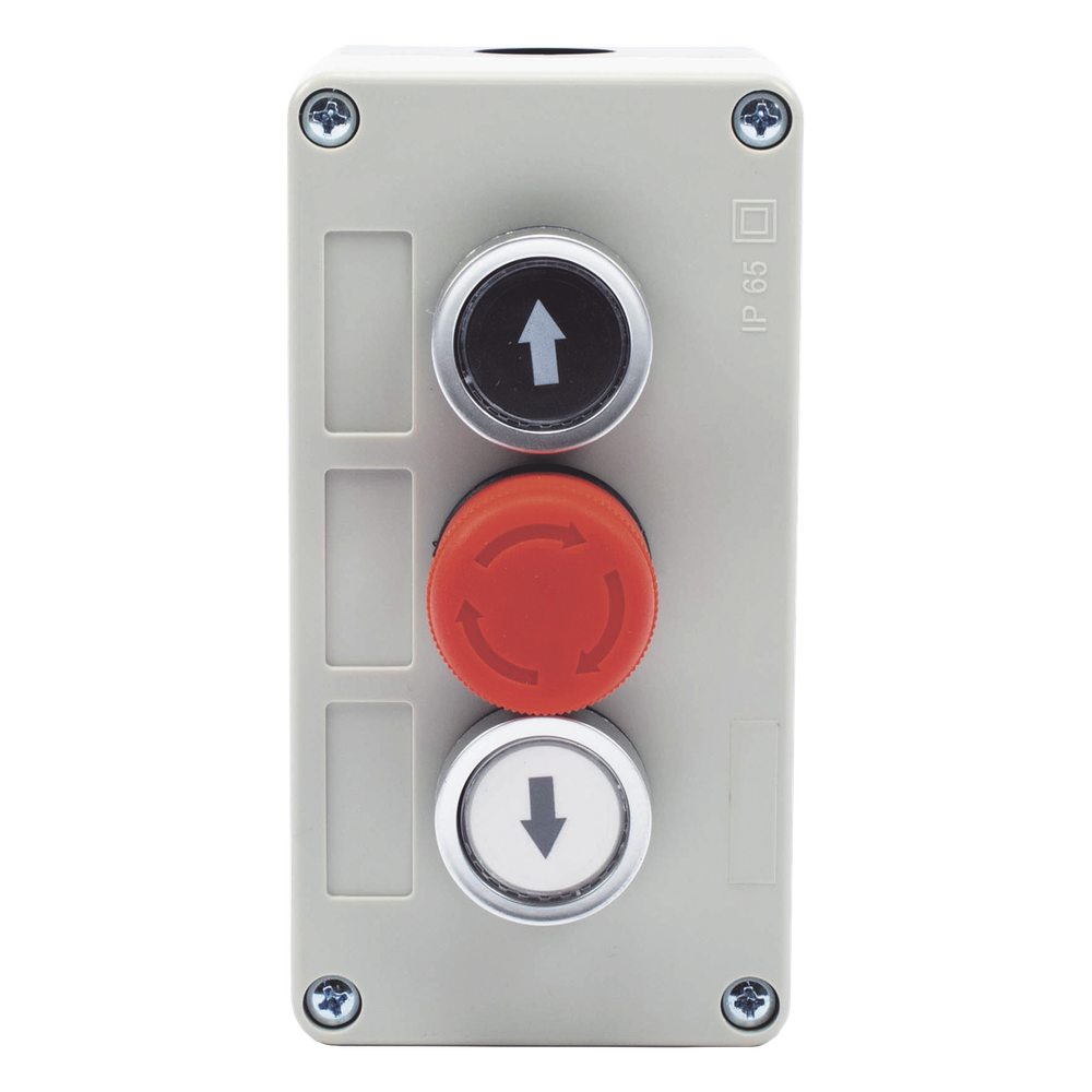 Botonera Triple con Boton de Stop Tipo Enclavado / Para Barreras Vehiculares, Operadores Corredizos y Abatibles.