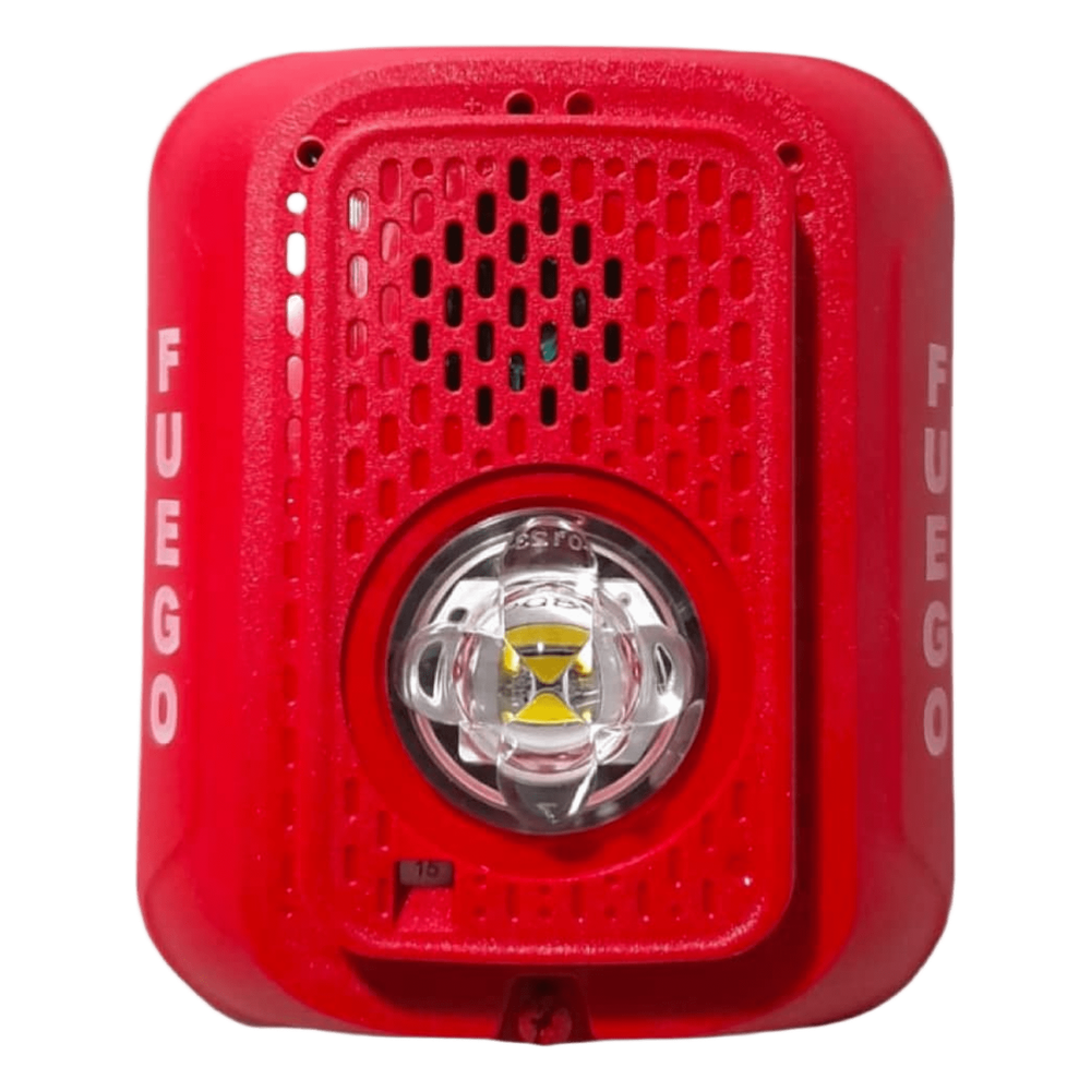 Sirena con lámpara estroboscópica LED de 2 hilos para pared, candela seleccionable, marcaje en español FUEGO, compatible con SpectrAlert