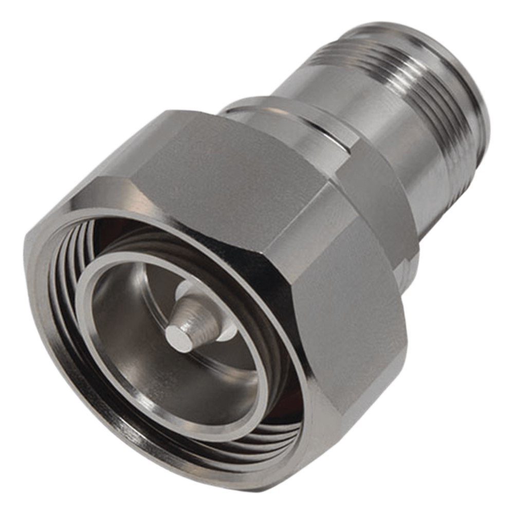 Adaptador en Línea de Conector DIN 7-16 Macho a 4.3-10 Hembra, Bronce Blanco/ Plata/ Teflón.