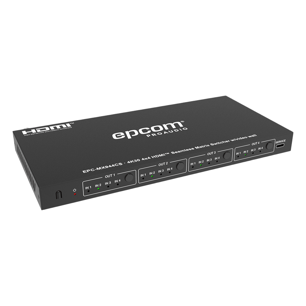 Matriz de Video HDMI 4x4 | Ancho de Banda 10.2 Gbps | Resolución 4K@30Hz | Escalado a 1080P, 720P, 1920x1200, 4K30 | Modos Matriz y Video Wall | Control RS-232 y Remoto Infrared