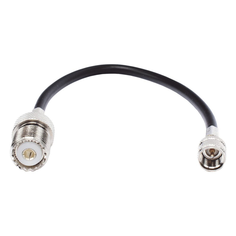 Jumper Adaptador de Conector Mini UHF Macho a UHF Hembra (SO-239), Níquel/ Oro y Plata/ Delrin.