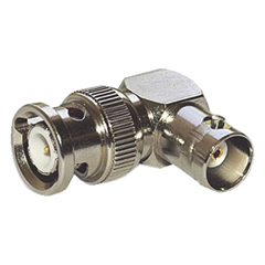 Adaptador en Ángulo Recto para 75 Ohm, de Conector BNC Macho a BNC Hembra (Monitor), Níquel/ Oro/ Teflón.