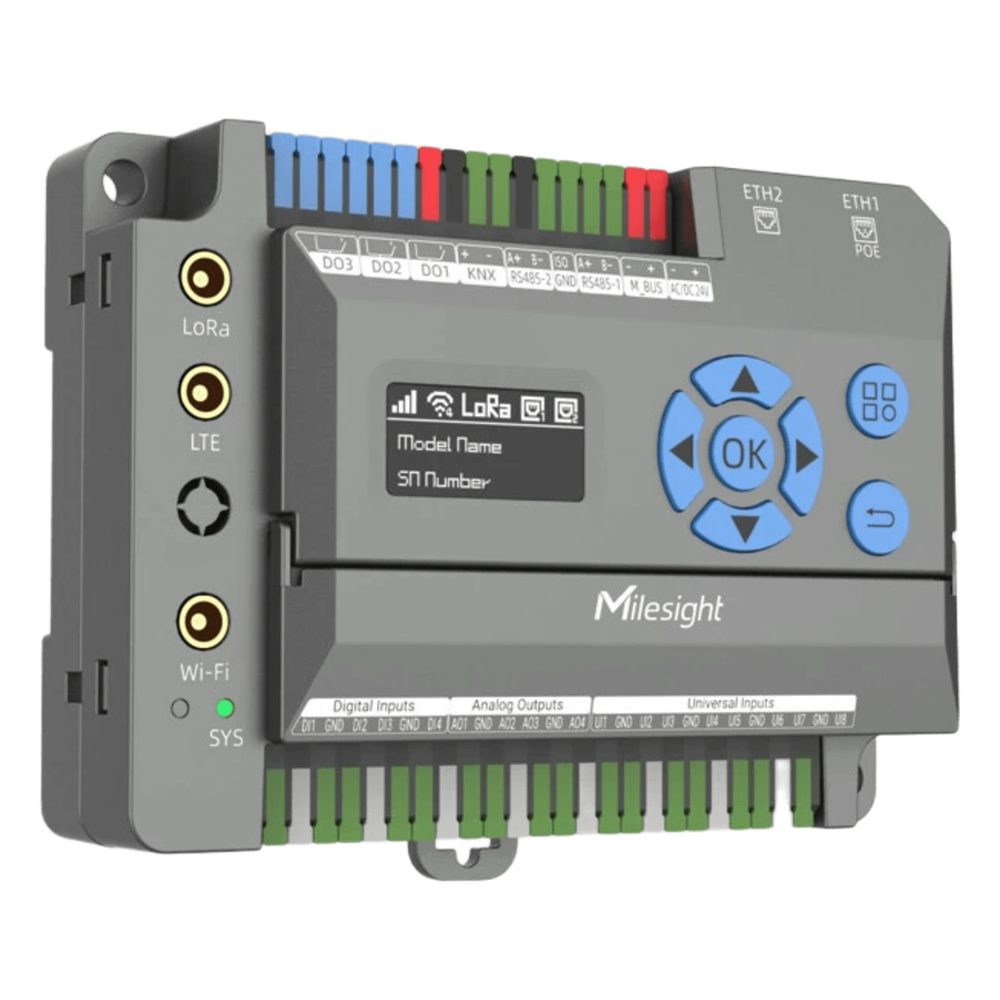 Gateway IoT LoRaWAN para Automatización de Edificios / Quad-Core 1.5 GHz / 8 Canales LoRaWAN / 2,000 Dispositivos / Edge Computing / 4G LTE / KNX + BACnet + Modbus / RS485 + M-Bus