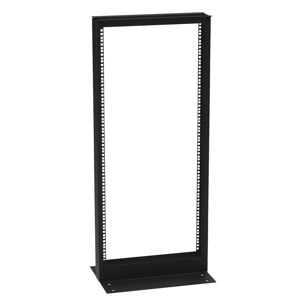 Rack de 2 Postes (Doble Perforación), Estándar 19", 24 Unidades, Fabricado en Acero, Base "L" para Anclar a Piso.