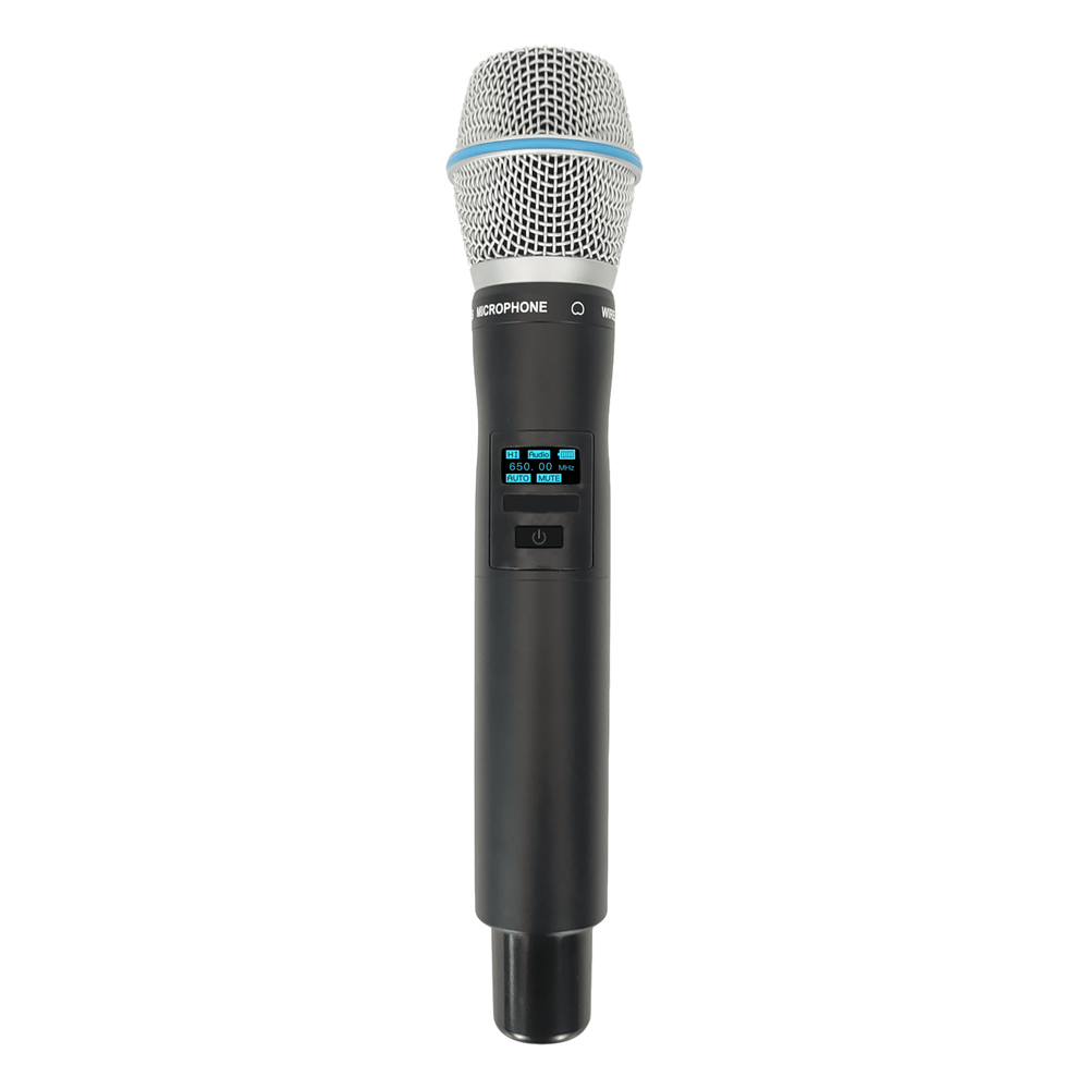 Micrófono Mano Inalámbrico EP-59H | Rango Frecuencia 470-510MHz, 540-590MHz, 640-690MHz, 807-830MHz | Potencia Salida ≥10dBm | Autonomía >10 Horas | Mute Automático por Caída | Display OLED | 7 Niveles Potencia Aju