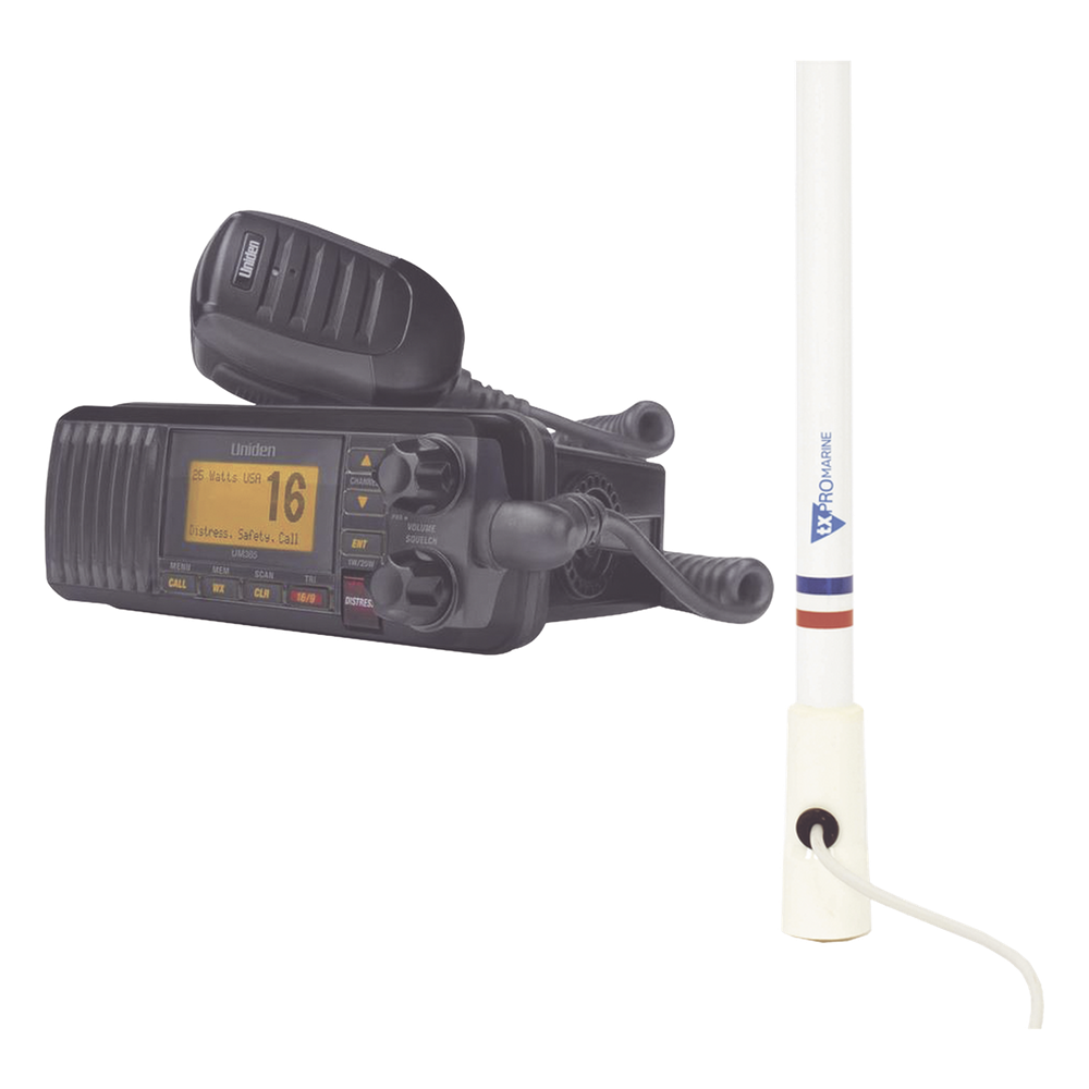 Kit de radio UM385BK | mas antena marina de fibra de vidrio TX-5206-SYS y soporte para antena 4186