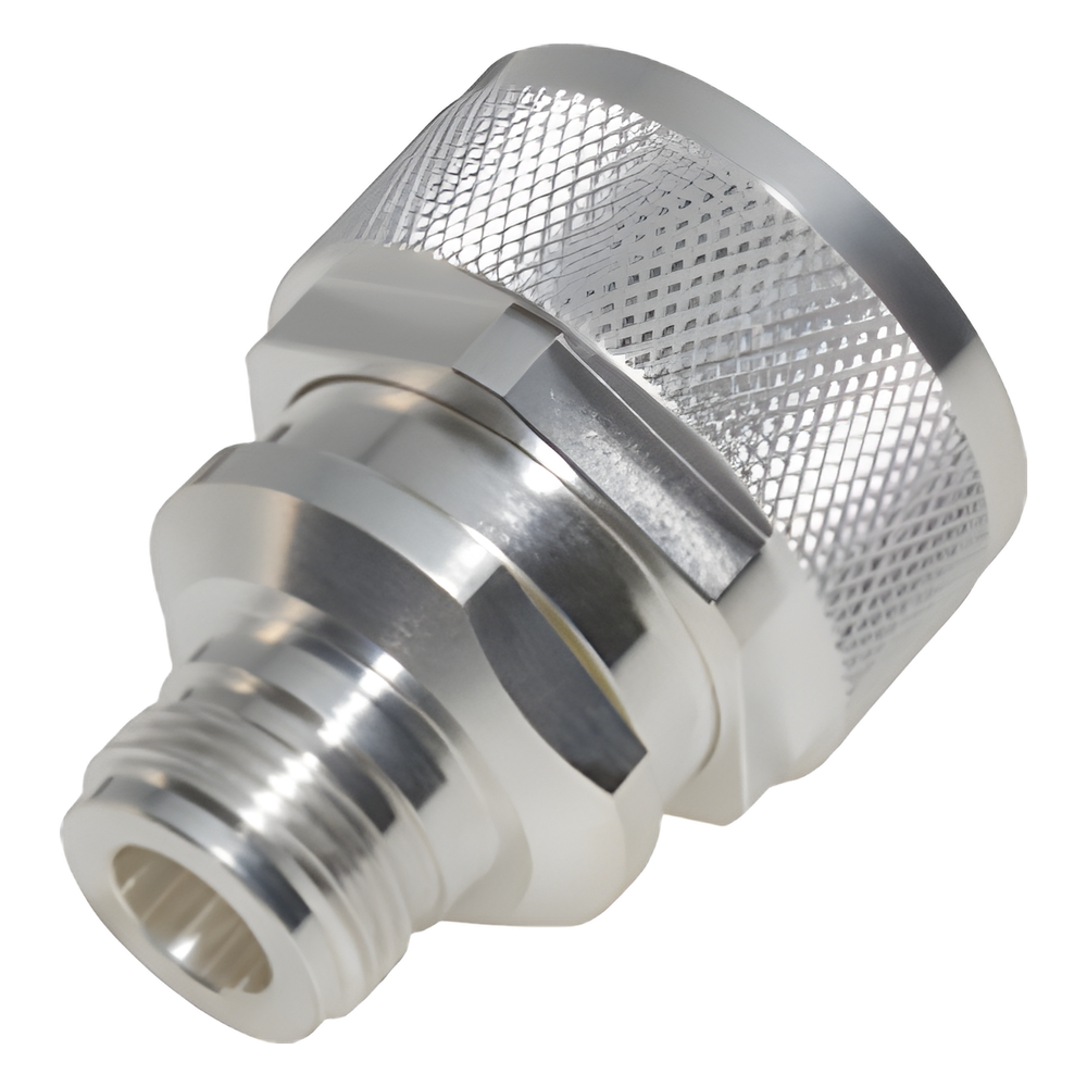 Adaptador en Línea de Conector DIN 7-16 Macho a N Hembra, Plata/ Plata/ Teflón.