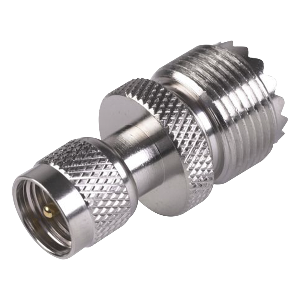 Adaptador en Línea de Conector Mini UHF Macho a UHF Hembra (SO-239), Níquel/ Oro/ Teflón.