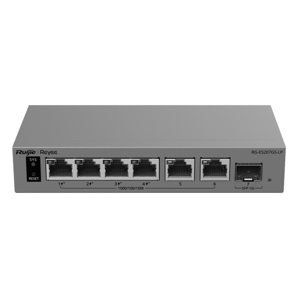 Switch Layer 2 Smart Cloud Managed / 7 Puertos Gigabit / 4 Puertos PoE+ 54 W / 1 Puerto SFP Uplink / 14 Gbps Switching Capacity / Diseño Sin Ventilador / Protección 6 kV / Ruijie Cloud / CCTV Mode