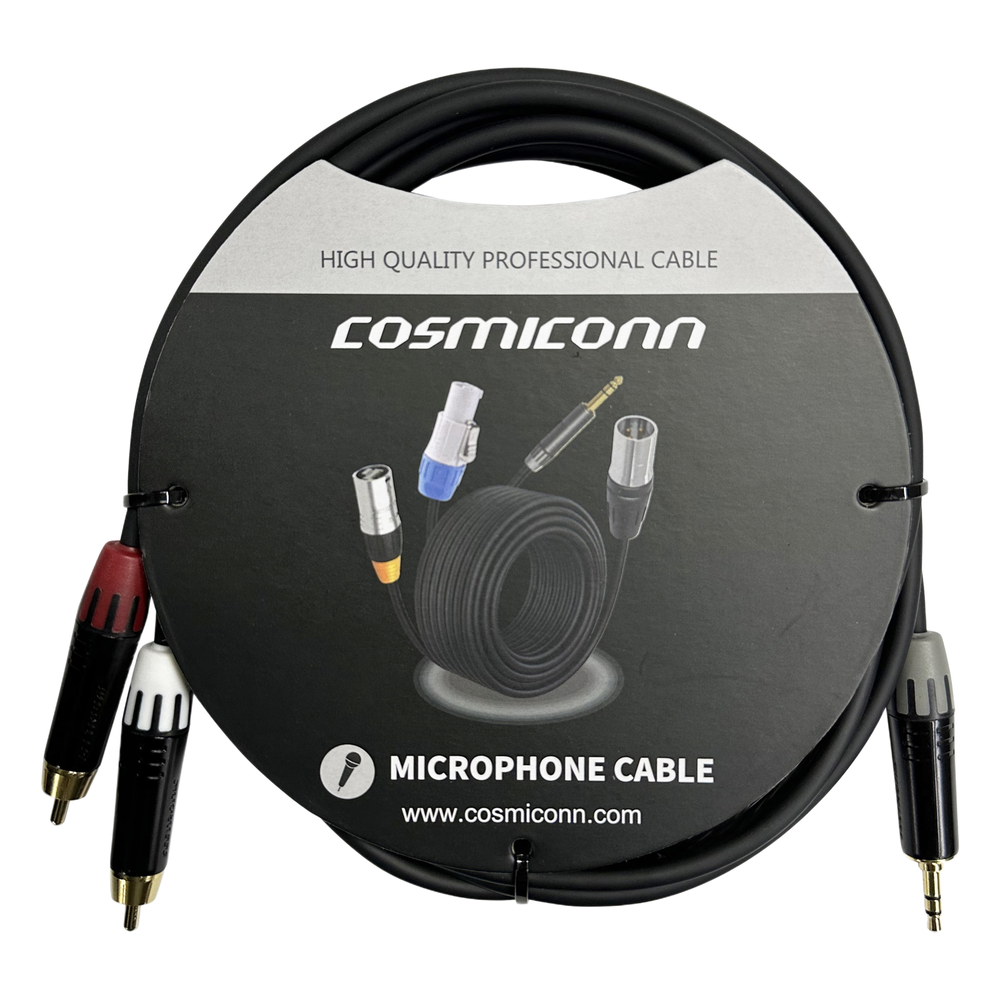 Cable 3.5mm a 2 RCA, conectores negros, con diferenciador de blanco y rojo en RCA MT380-RD - MT380-WH - MTP3C-BG, length 10m
