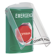 Botón Multipropósito, Color Verde, De Superficie, Con Tapa De Policarbonato, Con Bocina Pre Alarma, Solo Interior, Llave Para Restablecer, Texto De Emergencia, Español