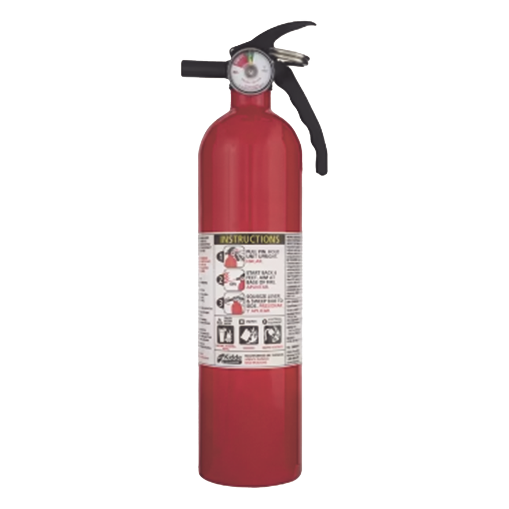 Extintor desechable de polvo químico seco multipropósito de 2.5 lb para fuegos clase A, B y C, con soporte de correa plástico