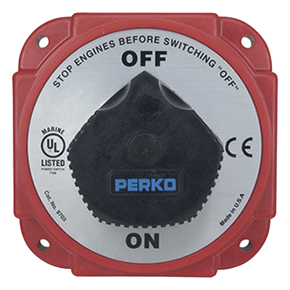 Interruptor Desconexión Batería 9703 con Desconexión Campo Alternador, 480 Amperios Continuos, 1200 Amperios Intermitentes, 6-32 VDC, Terminales 1/2 Pulgada, Montaje Marino