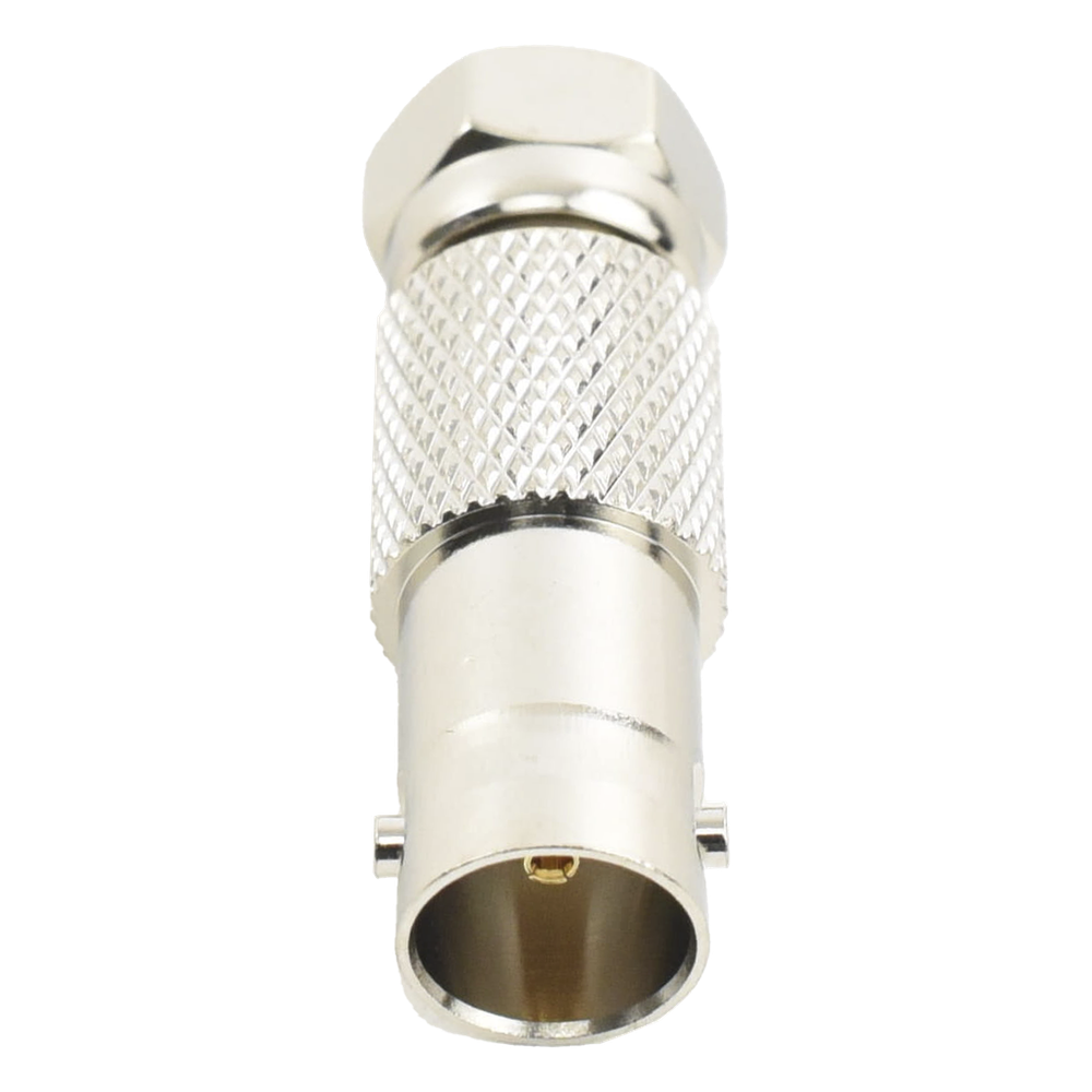 Adaptador en Línea, de Conector BNC Hembra a F Macho, Níquel/ Oro/ Delrin.