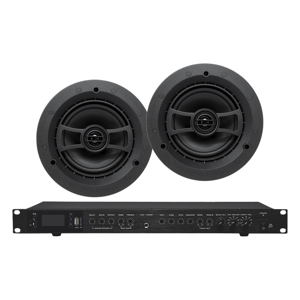 Amplificador de Audio con 2 Bocinas SP6 | 2 x 60W | Baja Impedancia 4 - 8&Omega; | Reproductor Bluetooth, USB, SD | Efectos Integrados Delay, Echo, Repeat