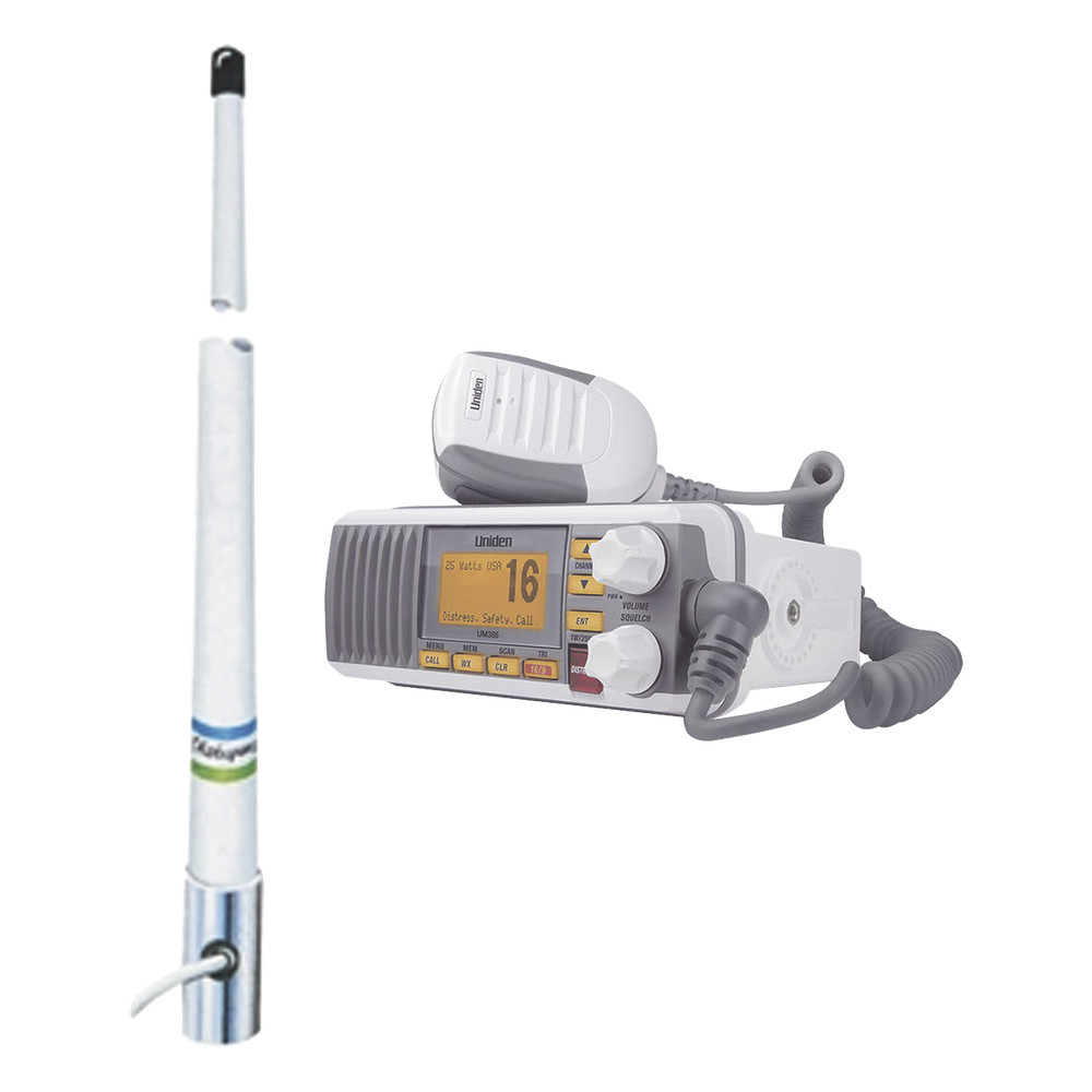 Kit de radio móvil VHF marino modelo UM-385 color blanco y antena marina Shakespeare de fibra de vidrio 5101