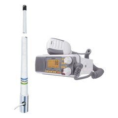 Kit de radio móvil VHF marino modelo UM-385 color blanco y antena marina Shakespeare de fibra de vidrio 5101