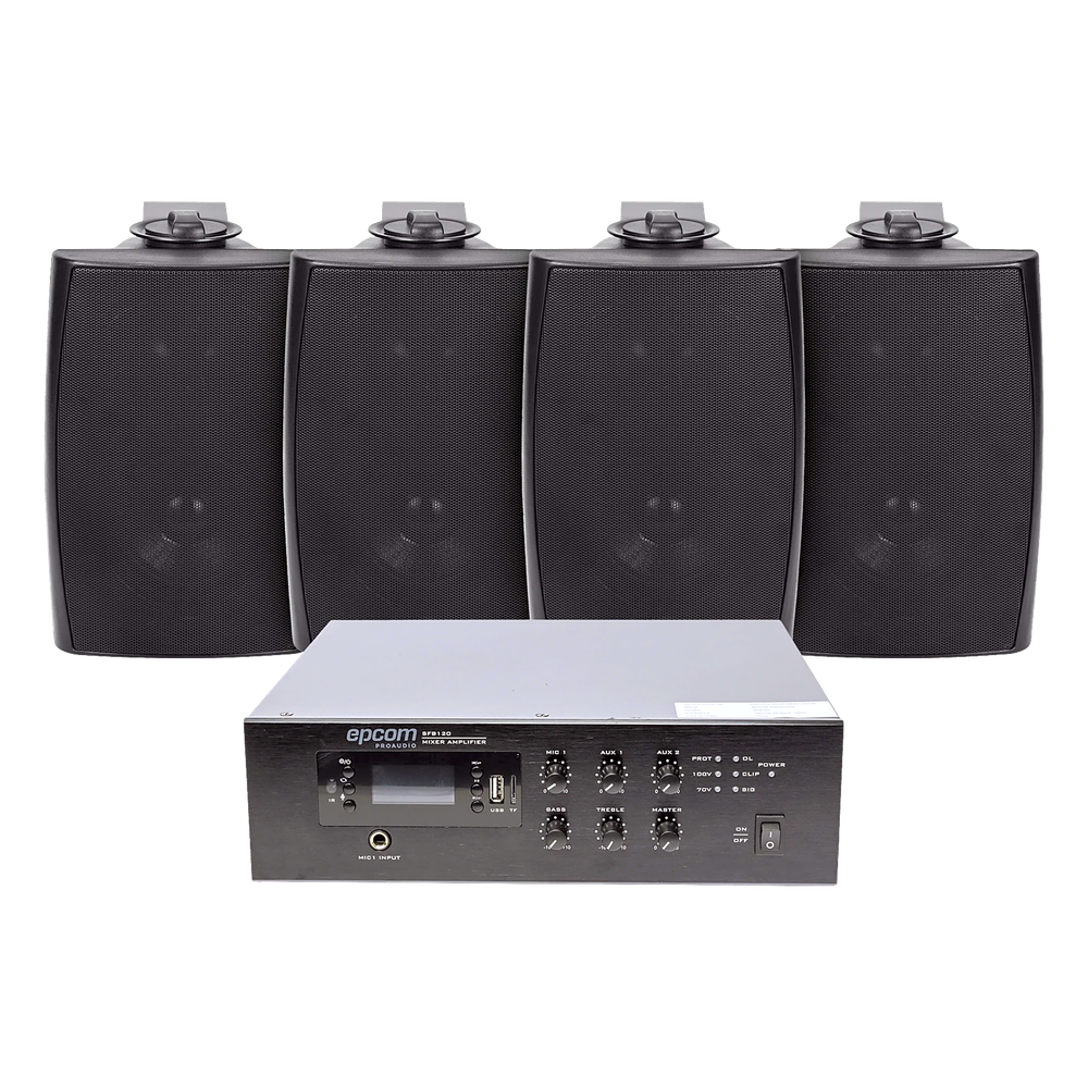 KIT de Amplificador de 240W para Escritorio | 4 Altavoces de Pared color Negro 2.5W - 20W | Sistema 70/100V