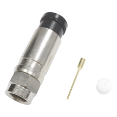 Conector F Macho de Compresión Axial con Borne Negro para instalar en Cable Coaxial RG-11, 75 Ohm, Bronce-Niquelado.