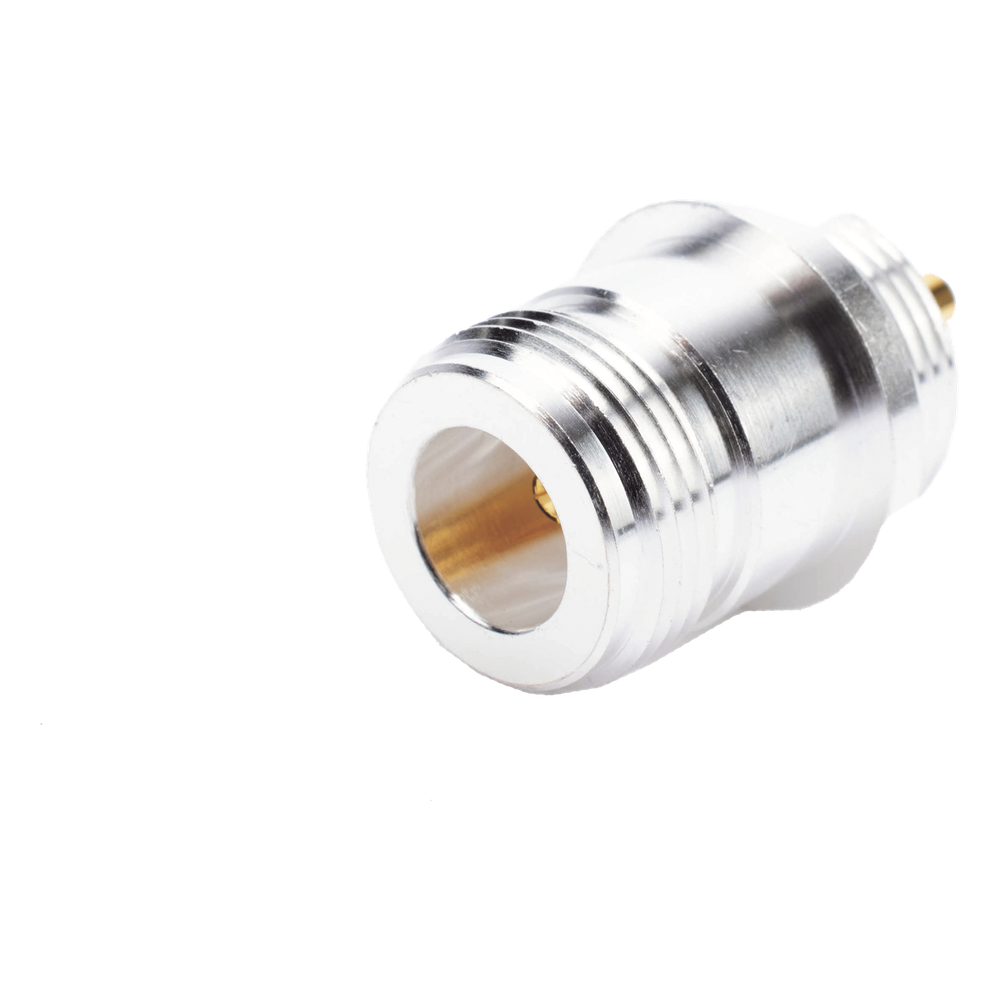Conector N Hembra, para Montaje Frontal en Panel, Doble D Plano, Plata/ Oro/ Teflón.