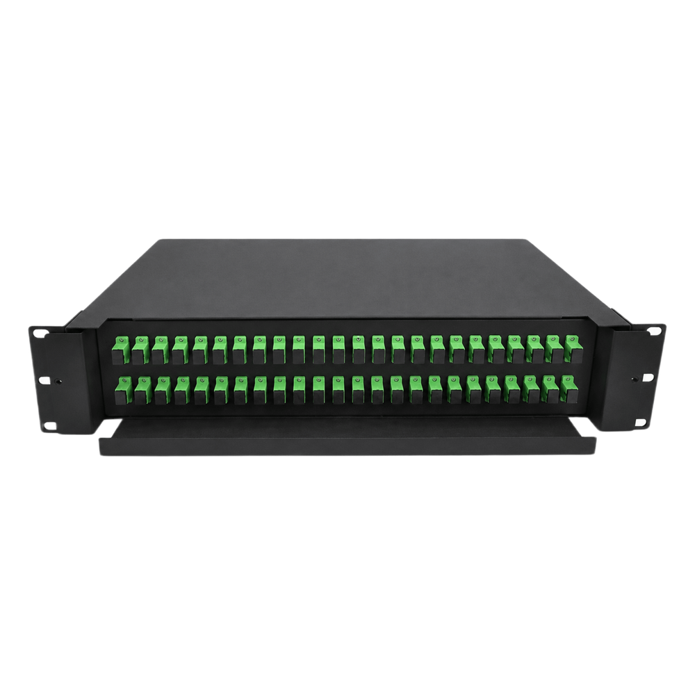 Distribuidor de Fibra Óptica (ODF) para 48 Empalmes, con 48 Acopladores SC/APC y 48 Pigtails SC/APC, para Rack de 19, 2 UR