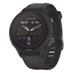 Reloj Garmin Forerunner 955 solar color negro en correa de silicón, con funciones premium de entrenamiento.