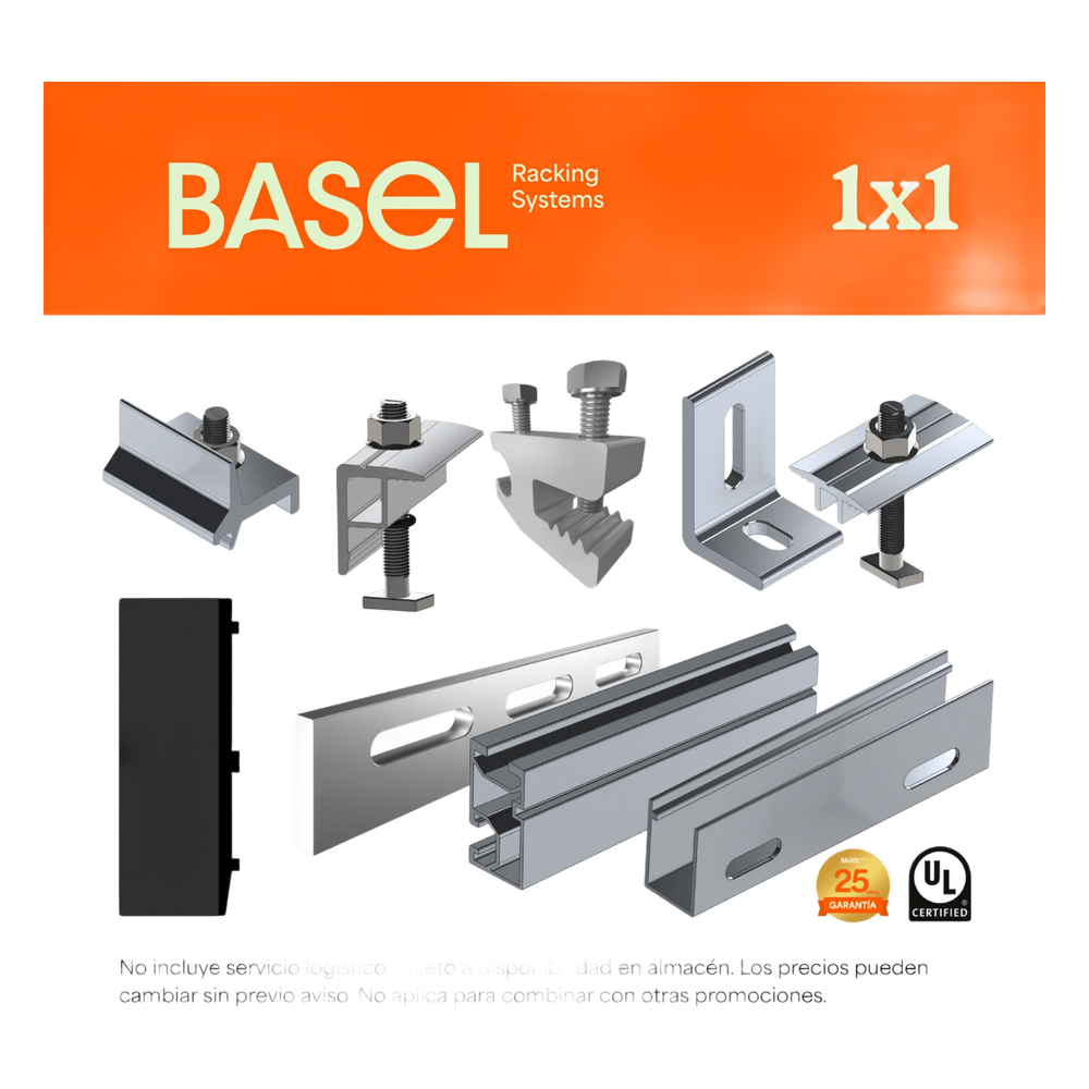 Kit Basel Sistema de Montaje Solar para 1 Módulo / Inclinación 10° / Para Módulo 645 W / Dimensiones del Módulo 2.382 m (7.8 ft) x 1.134 m (3.7 ft) / Velocidad de Viento 170 km/h /  Losa Plana Una Fila