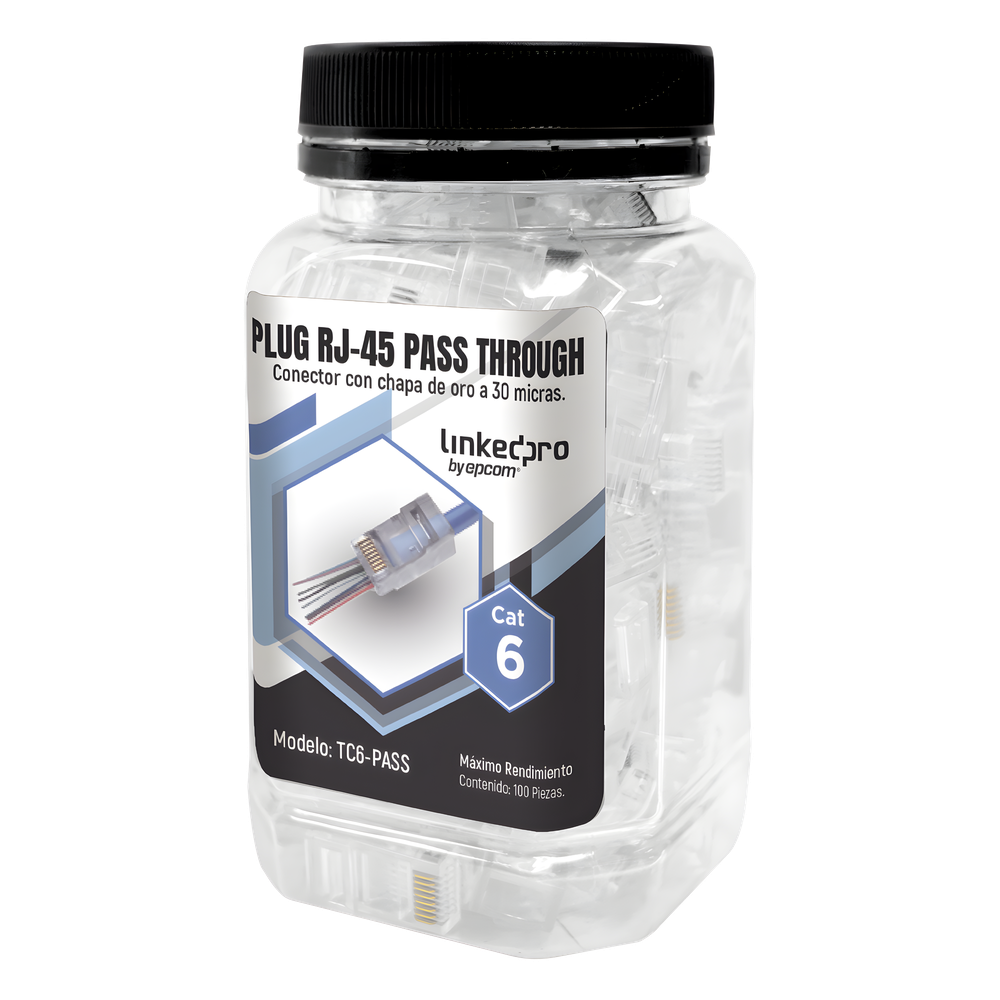 Bote con 100 Plugs Pass Through RJ45 Cat6 sin Blindaje, Chapado de Oro a 30 Micras para Durabilidad Extrema