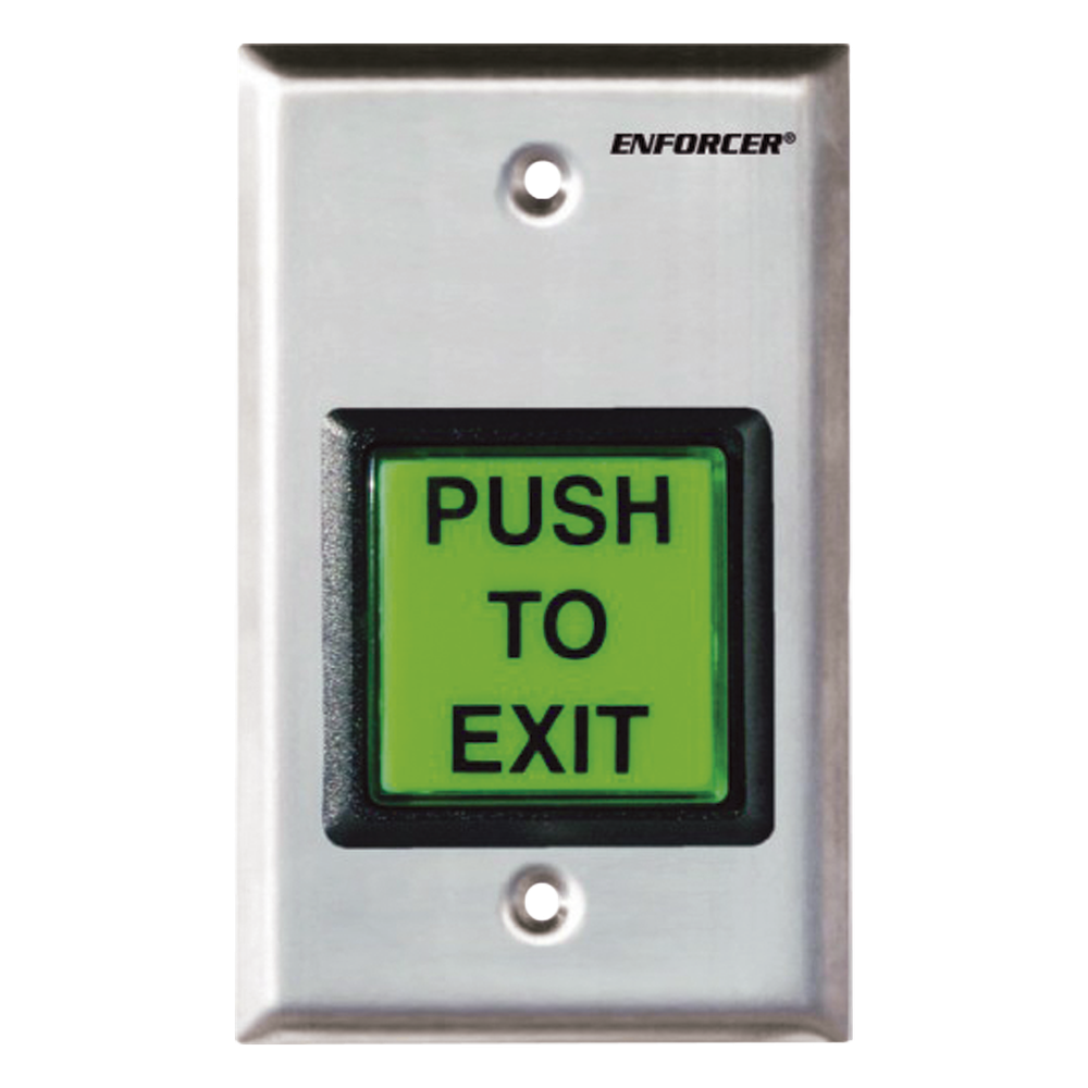 Botón de Salida / Con Iluminación / Con Placa de Pared de Acero Inoxidable / IP65 / Voltaje 12 / 24 Vcd / Mensaje de Idioma Intercambiable / 3 Placas de Idioma Incluidas